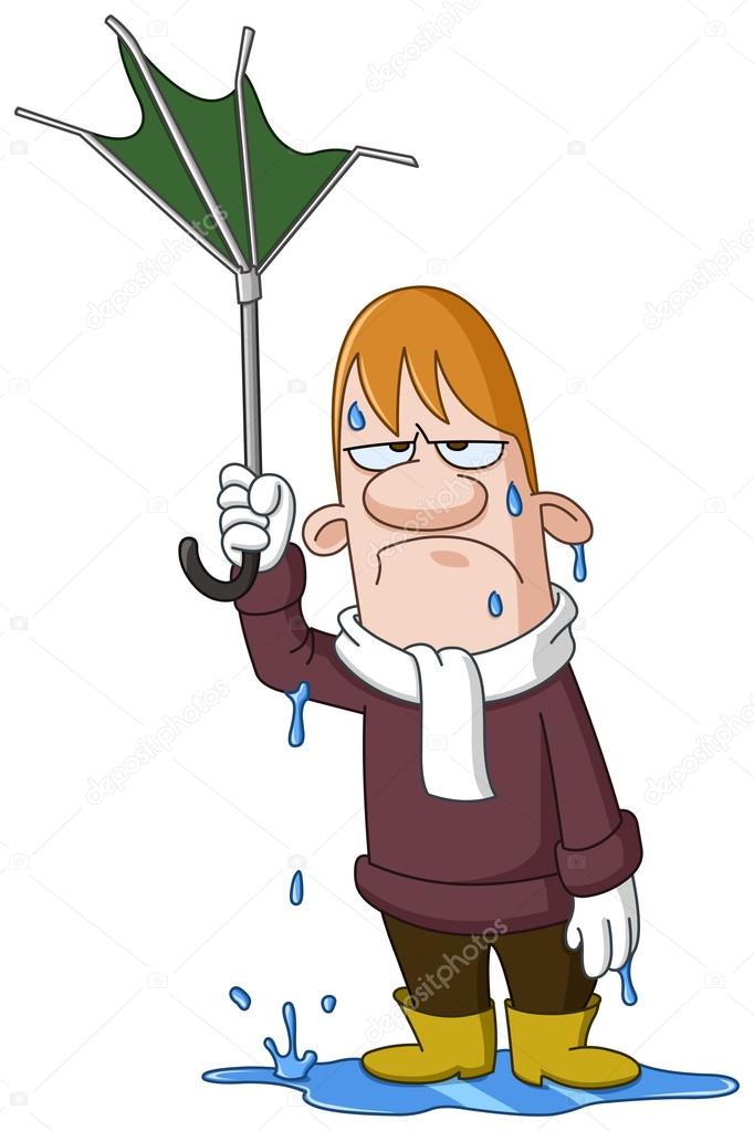 Man with broken umbrella