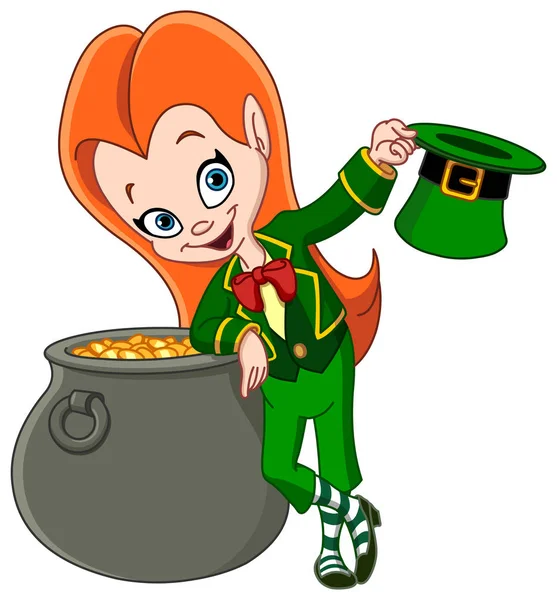 Leprechaun girl with pot of gold — Stock Vector