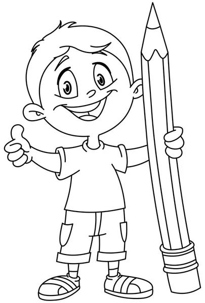 Delineado chico sosteniendo lápiz grande — Vector de stock