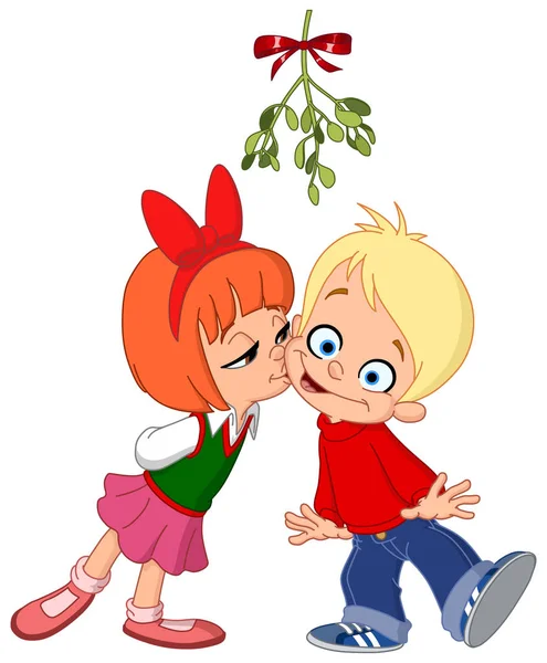 Kids kissing under mistletoe — Stock Vector