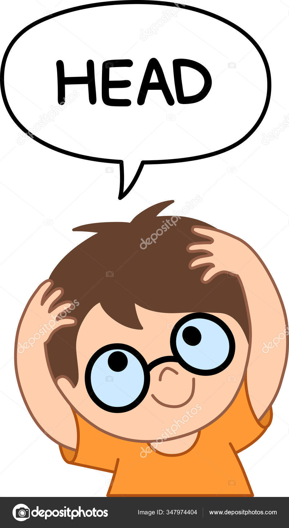 眼鏡をかけ スピーチバブルで頭を言っている若い男の子 顔や体のパーツを真剣に命名するイラスト ストックベクター C Yayayoyo