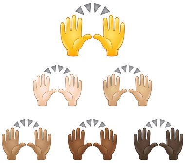 Çeşitli ten tonlarından oluşan emoji seti havaya kaldırılıyor. Başarı kutlaması veya başka bir olay.