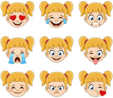 Emoji yüz ifadeleri, at kuyruklu ve mavi gözlü sarışın bir kızın koleksiyonu.
