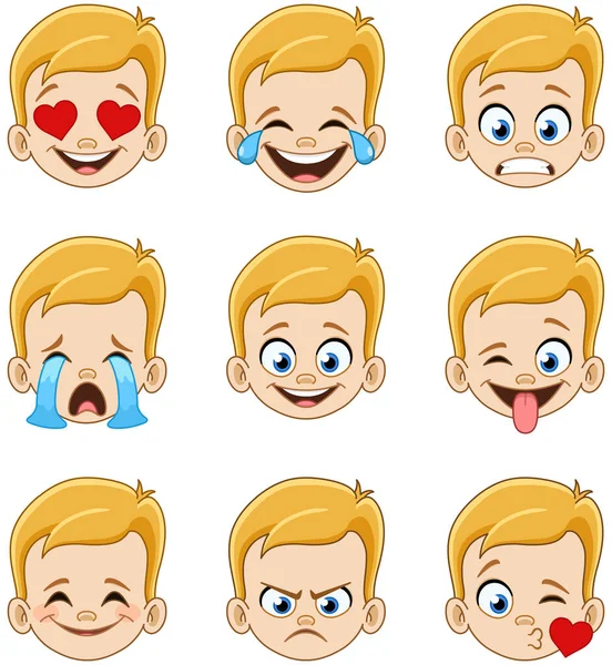 Emoji Ansiktsuttryck Samling Ung Blond Pojke Med Blå Ögon — Stock vektor