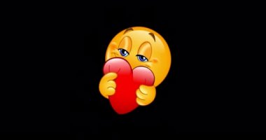 Kırmızı kalbe sarılan bir emojinin animasyonu. Alfa kanalı dahil.