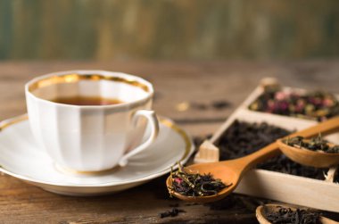 various types of tea on a wooden background