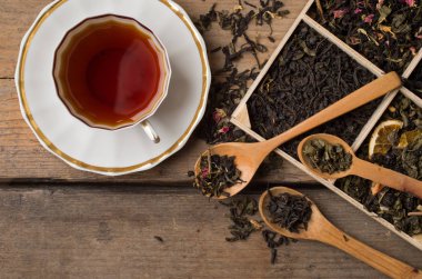 various types of tea on a wooden background