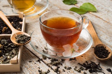 various types of tea on a wooden background