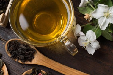 various types of tea on a wooden background