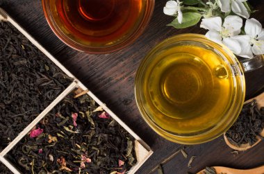 various types of tea on a wooden background