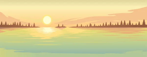 Sonnenuntergang über dem See und Tannenwald an der Küste. — Stockvektor
