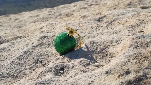岩だらけの海岸で緑のクリスマスツリーのおもちゃ — ストック動画