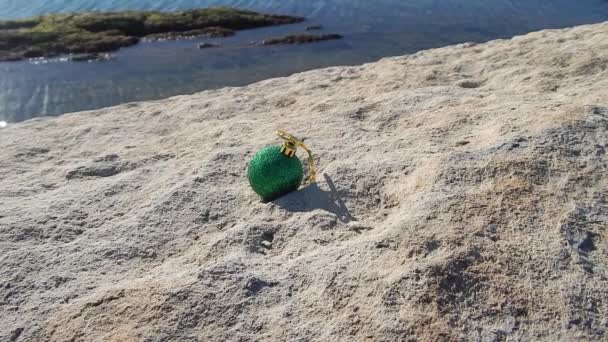 Juguete Árbol Navidad Verde Una Costa Rocosa — Vídeos de Stock