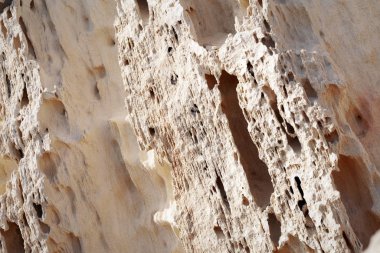 Yüzey kumlu kayası. Hazar Denizi 'nin kayalık kıyısı.