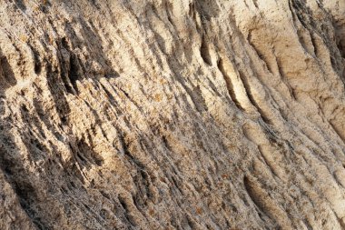 Yüzey kumlu kayası. Hazar Denizi 'nin kayalık kıyısı.