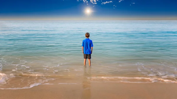 Young Boy Staring Our Horizon His Feet Surf Beautiful Blue Stock Photo