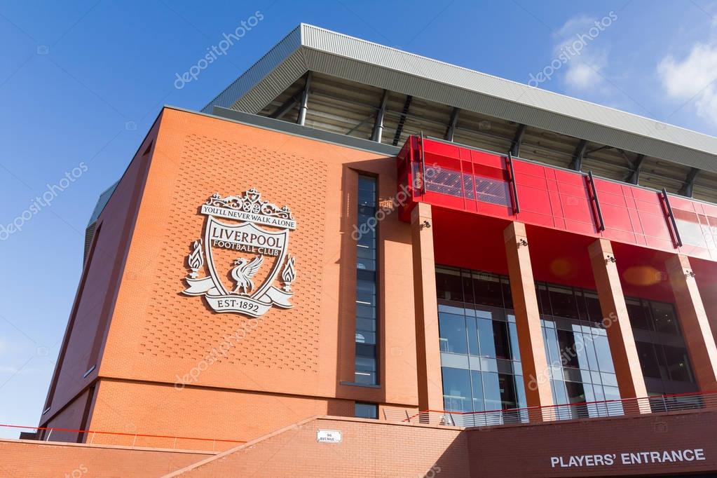 Liverpool, England - April 1, 2017: View of the Anfield stadium, home of Liverpool Football Club. The place is the sixth largest football stadium in England.