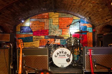  Instruments on the stage of the Cavern Pub, Liverpool, UK clipart
