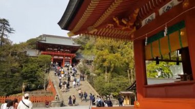 Kamakura, Japonya - 19 Nisan 2019: Tsurugaoka Hachimangu 'da yürüyen insanlar. Tapınak şehrin en önemli tapınağıdır ve iki müze ve festivale ev sahipliği yapar..