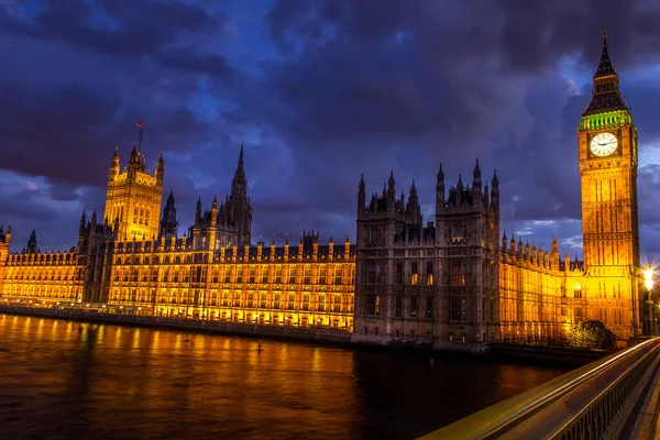 Big Ben Parlamentet Westminsterbron Natten London England — Stockfoto