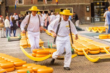 Alkmaar, Hollanda - 7 Eylül 2012: Hollanda 'nın ünlü peynir pazarında birçok peynirle yürüyen taşıyıcılar. Olay Waagplein Meydanı 'nda gerçekleşiyor..