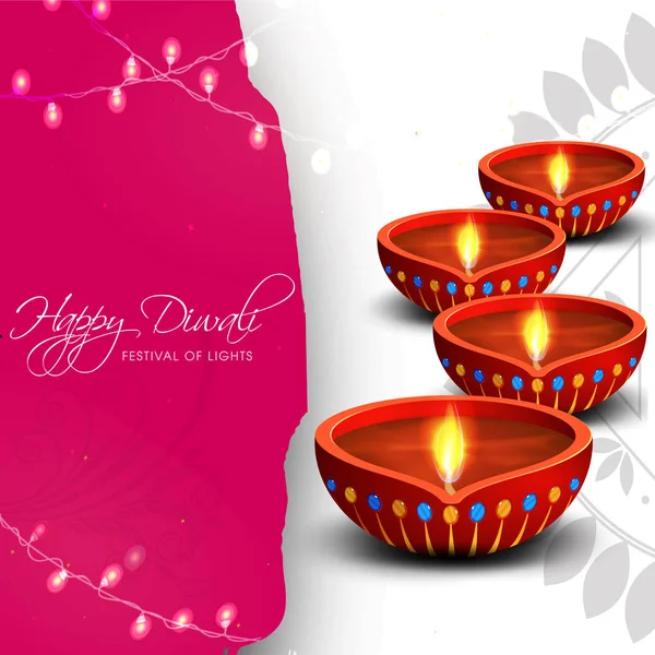 Tarjeta de felicitación con lámparas de aceite para Happy Diwali . — Vector de stock