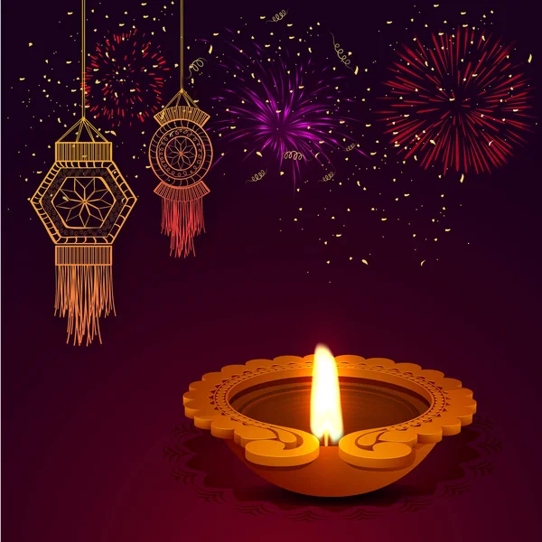 Šťastný Diwali oslavou pozadí s olejovými lampami. — Stockový vektor