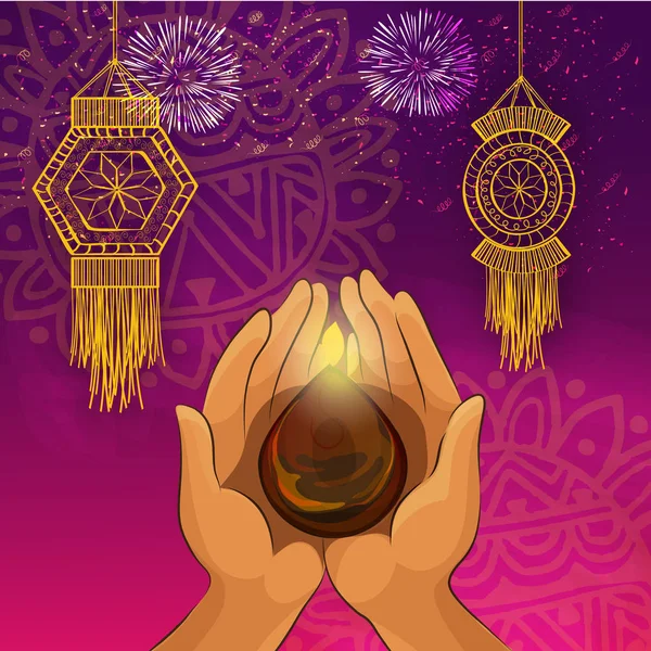 Human Hand with Oil Lamp for Diwali celebration. — Stock Vector