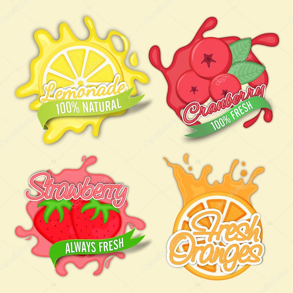 Creative Stickers of Lemonade, Cranberry, Strawberry and Orange, Set of Typographic Labels for Natural Fruits, Fresh Juices and Beverages, Food and Drink concept for Cafe, Bar, Restaurant and Menu.