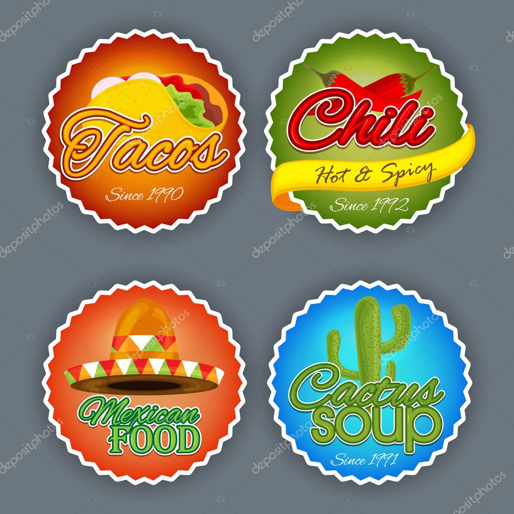 Set of four creative stickers, tags or labels design for Mexican Food.