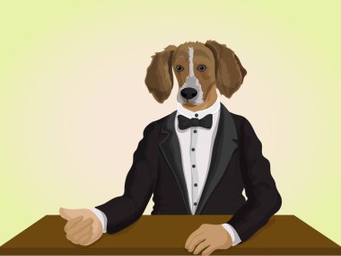 Takım elbiseli, antropomorfik tasarım köpek giyinmiş.