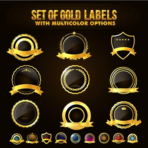 Conjunto de Escudo Dourado, Etiquetas, Etiquetas, Fitas . — Vetor de Stock