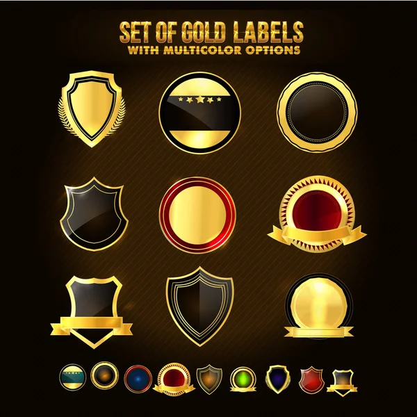Set aus goldenem Schild, Aufklebern, Etiketten, Bändern. — Stockvektor