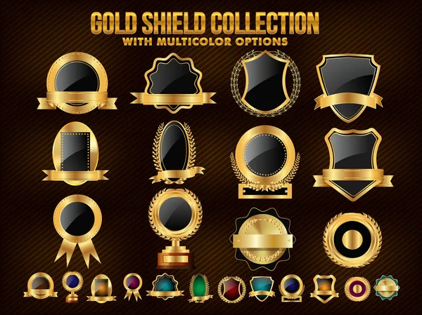 Collezione di Golden Shield, Adesivi, Etichette o Nastri . — Vettoriale Stock