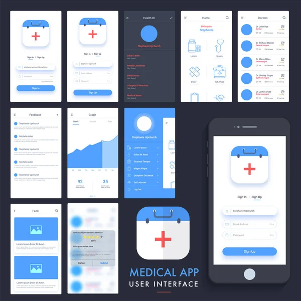 Interfaz de usuario de aplicaciones médicas, UX y GUI kit . — Vector de stock