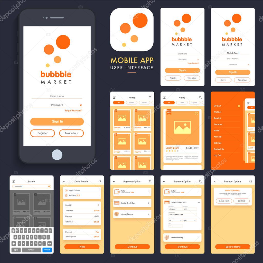 Online Shopping Mobile App UI, UX Screens.