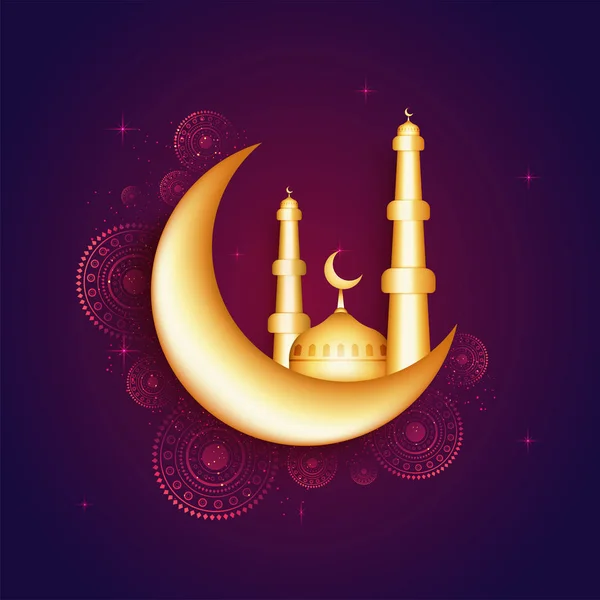 Golden moon with mosque for Ramadan Mubarak Celebrations. — Stock Vector