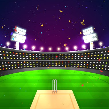 Gece konfeti ile parlayan kriket Stadyumu.