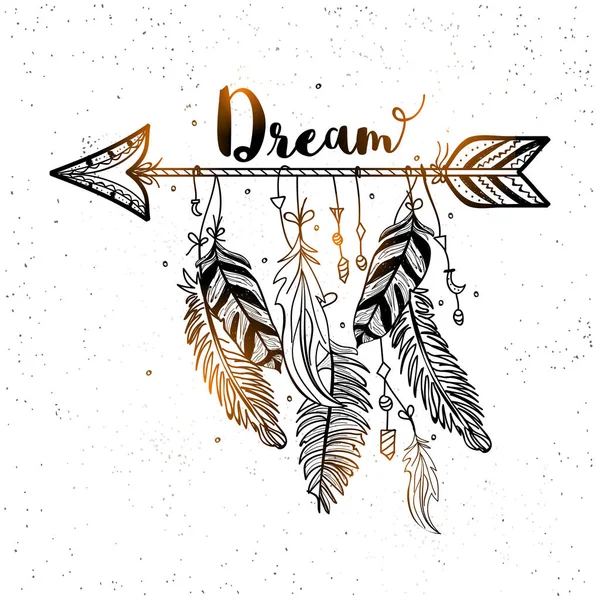 Hand drawn dreamcatcher with arrow and feathers. — Stock Vector