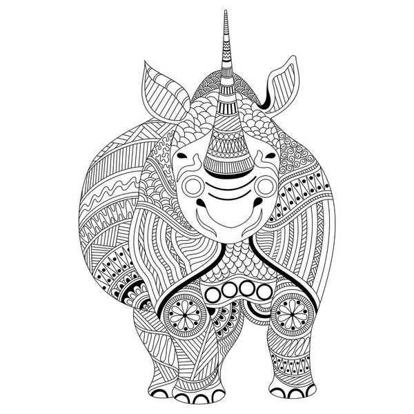 Ilustración garabato dibujado a mano de rinoceronte con diseño floral . — Vector de stock