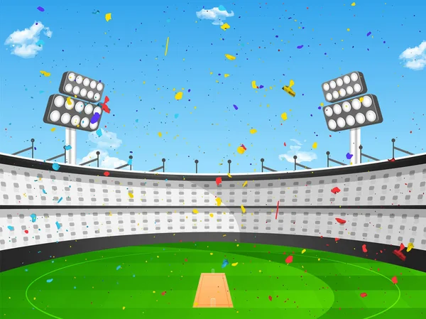 Vista de um estádio de críquete com confete . — Vetor de Stock