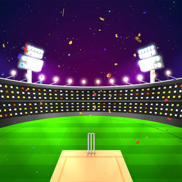 Stade de cricket lumineux avec confettis dans la nuit . — Image vectorielle