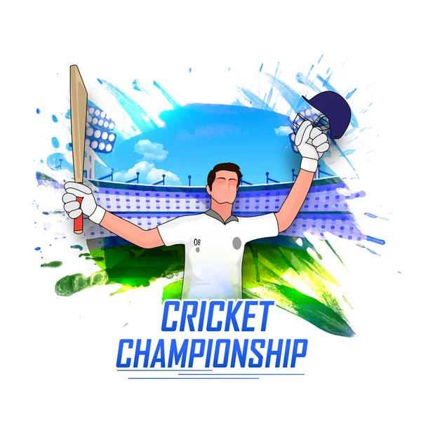 Cricket Stadium fundo com Batsman em pose vencedora . — Vetor de Stock