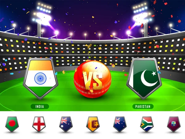 Cricketmatch deltagande länder flagga sköldar. — Stock vektor