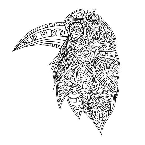 Hornbill con dibujos florales en estilo garabato dibujado a mano . — Vector de stock