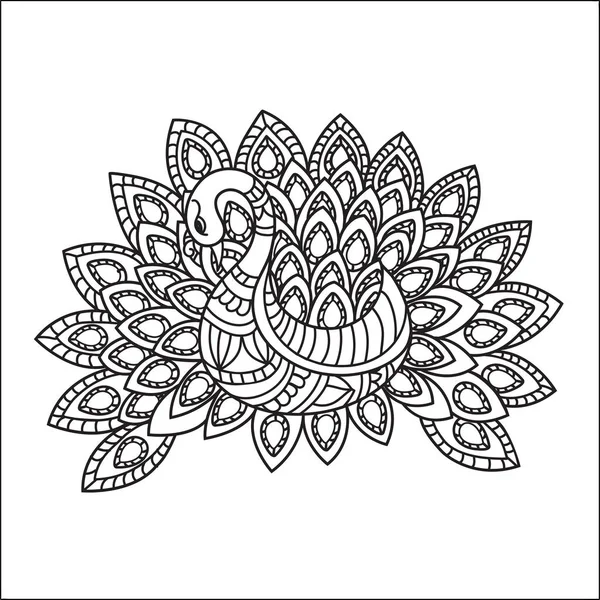 Scarabocchio disegnato a mano Pavone con motivo floreale etnico . — Vettoriale Stock