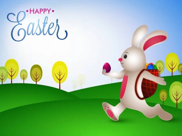 Lindo conejito llevando huevos en su bolso, Feliz Pascua Fondo . — Vector de stock