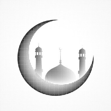 Beyaz arka plan üzerinde cami ile Hilal ay.