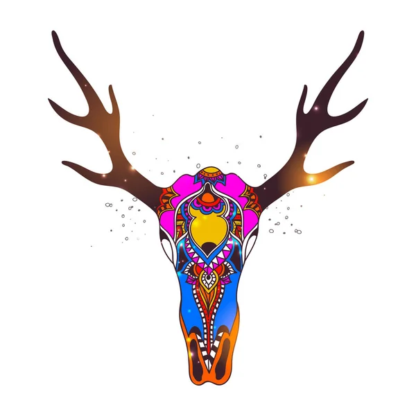 手は、自由奔放に生きるスタイルで装飾的な鹿の頭蓋骨を描画. — ストックベクタ