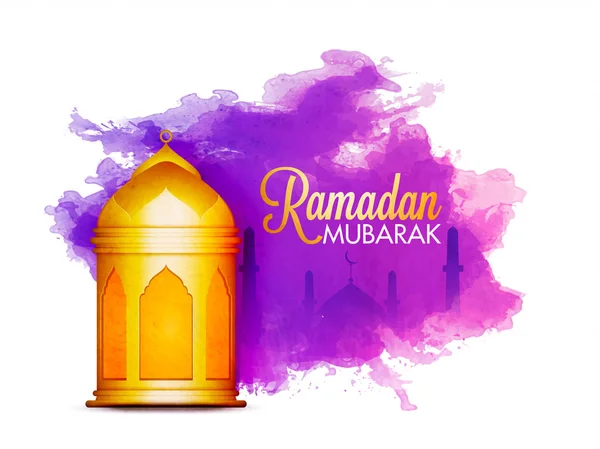 Verlichte gouden lantaarn, Ramadan Mubarak achtergrond. — Stockvector